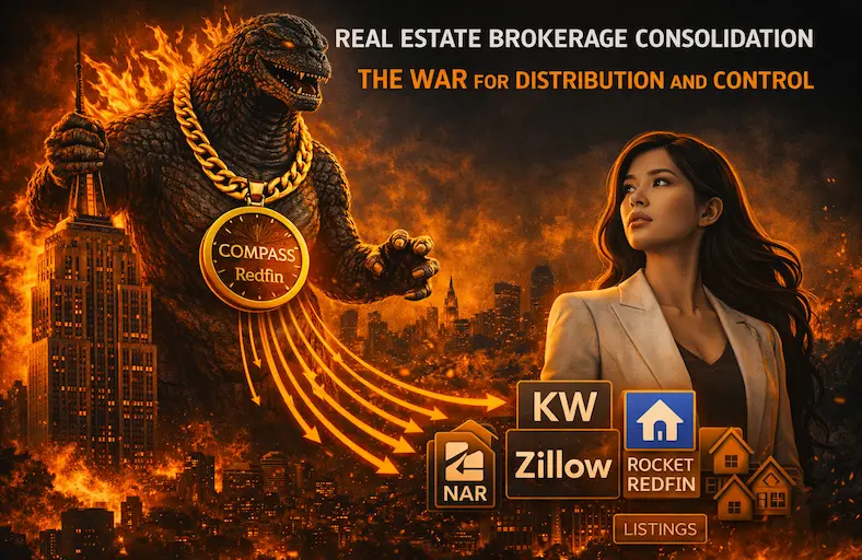 A giant monster wearing a Compass and Redfin medallion towers over a burning city pulling NAR, Zillow, KW, Rocket Redfin, and Listings signs under its control while an independent broker stands her ground against real estate brokerage consolidation.
