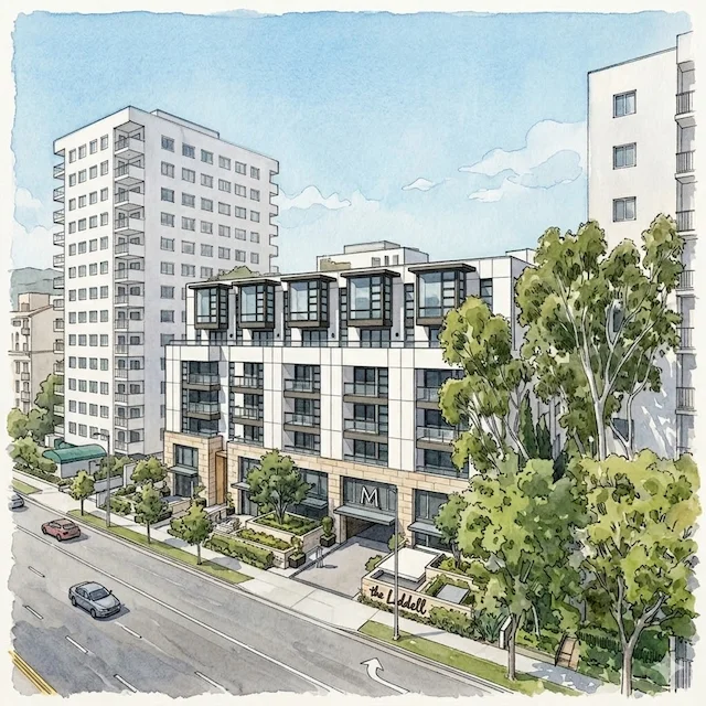 Architectural illustration of The Liddel at 10777 Wilshire Boulevard, Los Angeles 90024, on the Wilshire Corridor